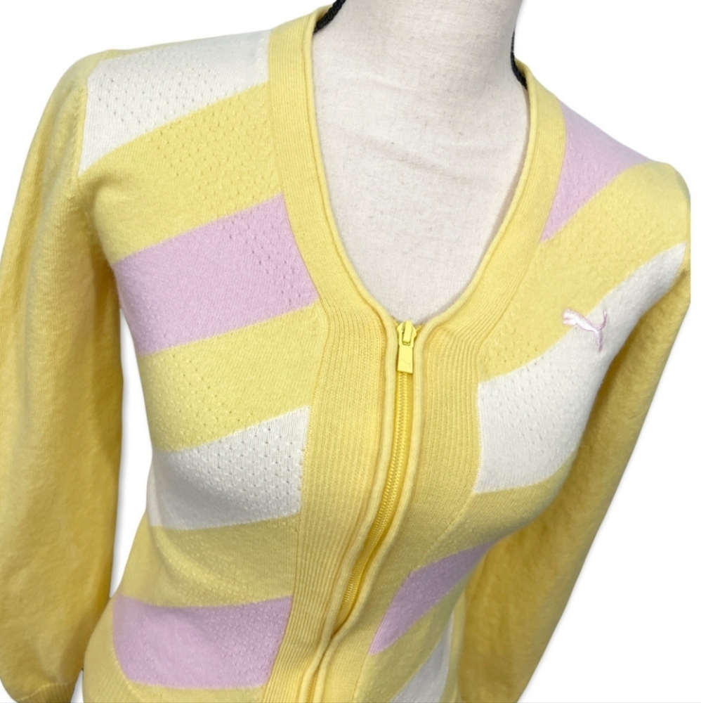 VTG Puma Golf Yellow Lavender White Zipper Long Sleeve Cardigan Womens Sz Small